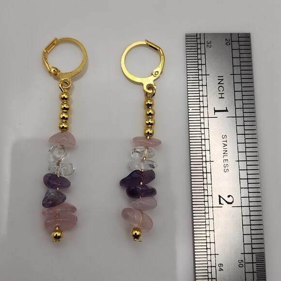 Boho Quartz Crystal Dangle Amethyst Rose Earrings - Picture 3 of 4